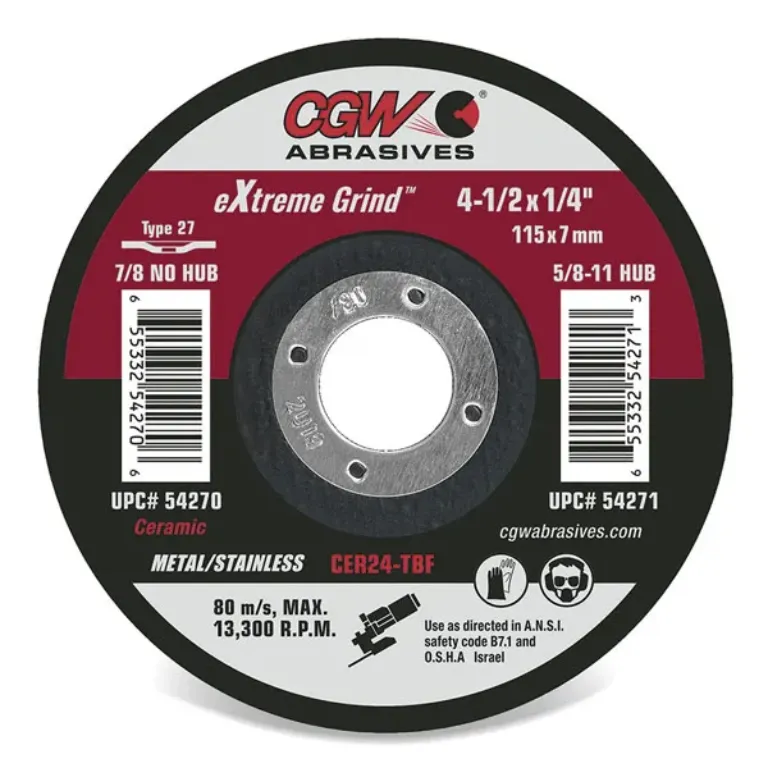 CERAMIC GRINDING WHEEL, 4-1/2" X 1/4" X 5/8"-11, 24 GRIT, 10/PACK