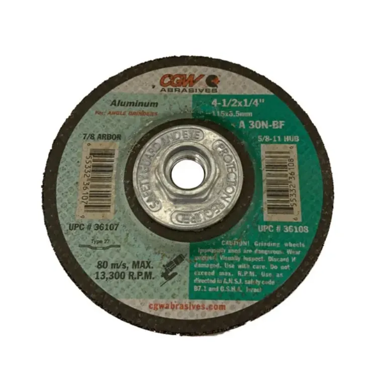 GRINDING WHEEL FOR ALUMINUM, 4-1/2" X 1/4" X 5/8"-11 HUB, TYPE 27