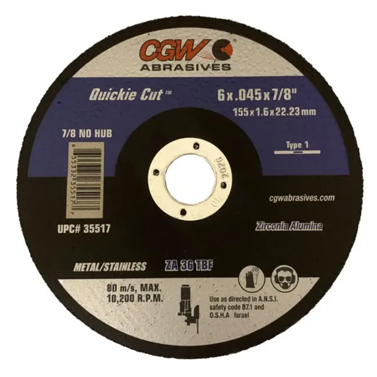 CUT OFF WHEEL  6" X .045" X 7/8" TYPE 1, ALUMINUM OXIDE WITH ZIRCONIA AO