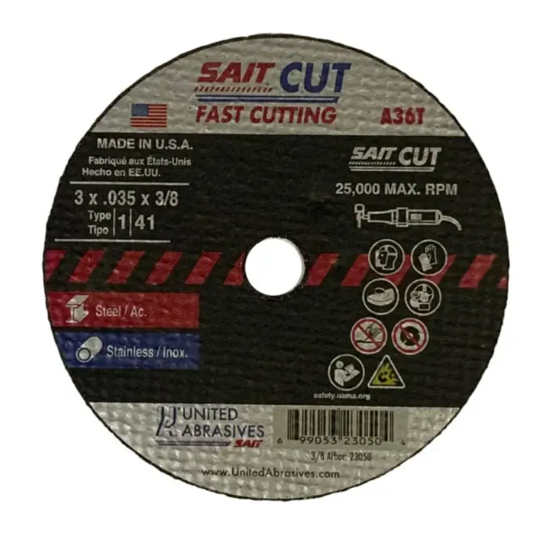 CUT OFF WHEEL HIGH SPD TYPE 1 3" DIAM, .035" W, 3/8"