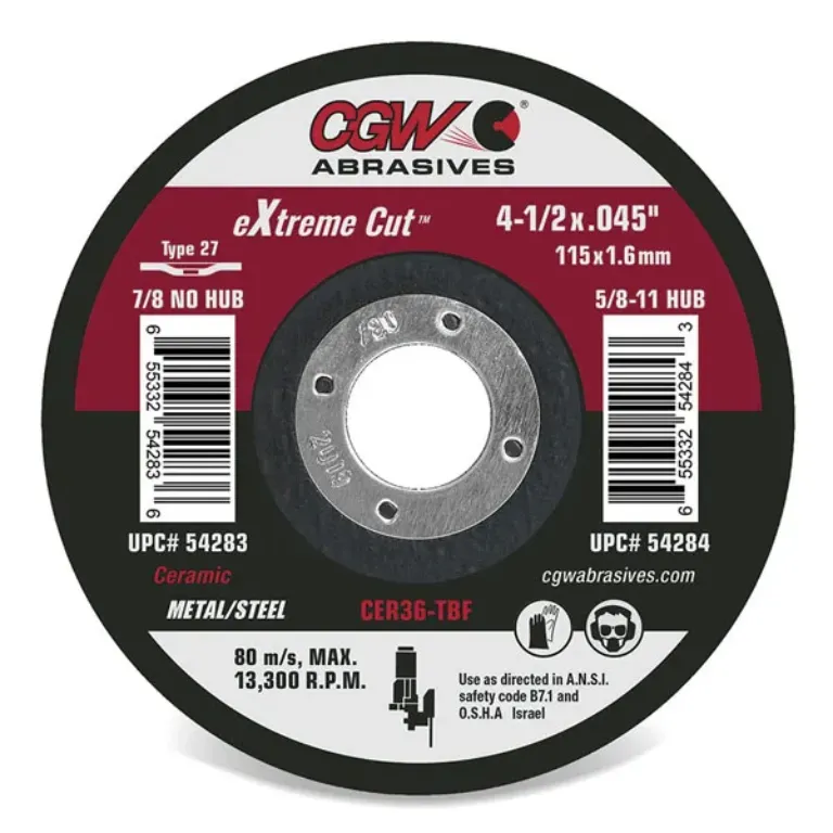 CUT OFF WHEEL, CERAMIC, 4-1/2" X .045 X 5/8"-11, TYPE 27, 36 GRIT
