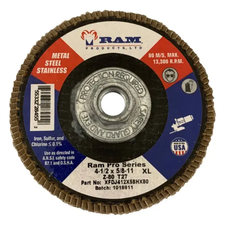 RAM PRO SERIES FLAP DISC - JUMBO W/HUB 4-1/2" D, 5/8"-11 ARB 80 GRIT
