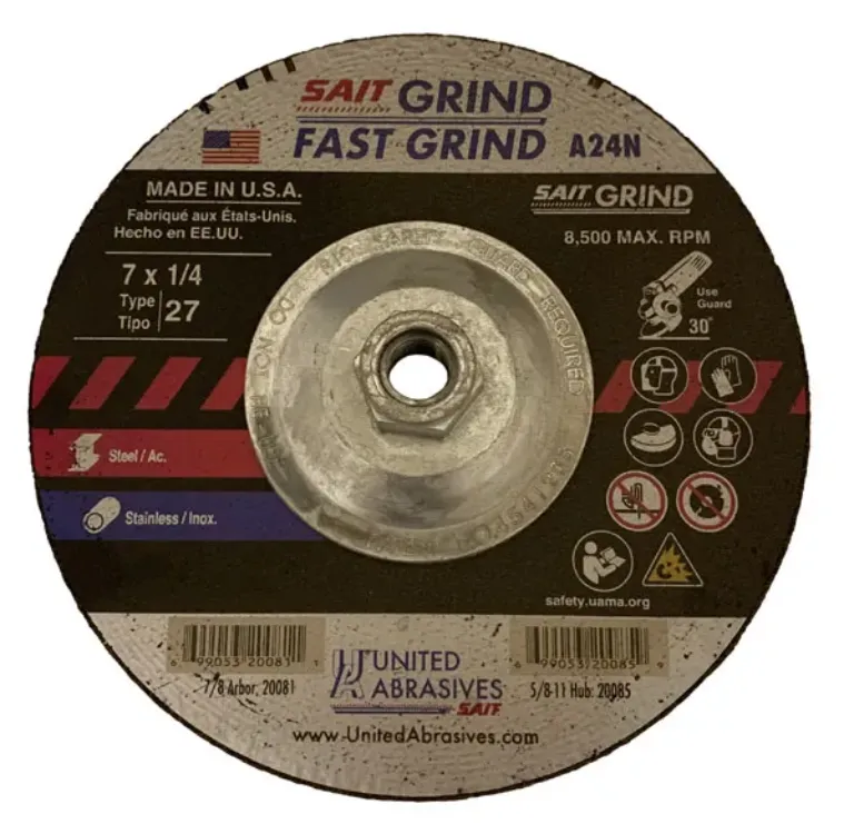 GRINDING WHEEL TYPE 27 W/HUB 7" D, 1/4" W, 5/8"-11